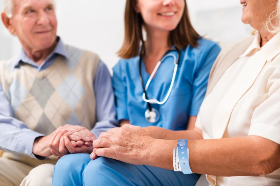 The patient wears a patient ID wristband in the hospital