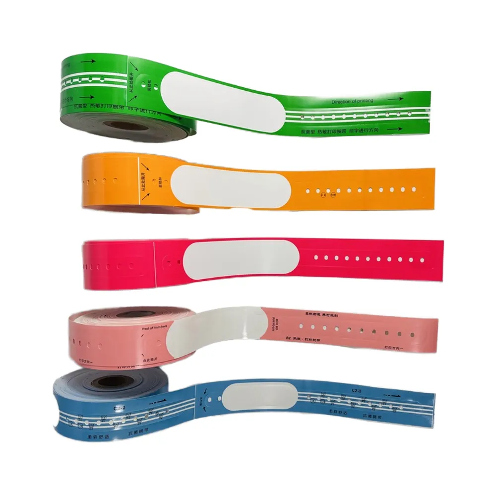 Assorted Colors Medical Thermal Wristbands (Green, Orange, Red, Pink, Blue) – Disposable Printable Patient ID Wristbands designed for hospital healthcare settings, used for secure patient identification and tracking.