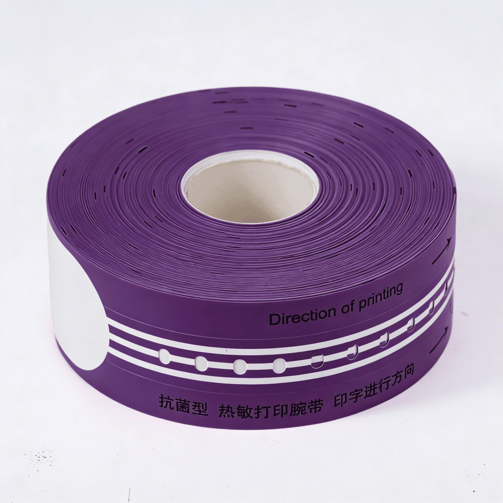 Purple Antibacterial Thermal Wristband Roll – This single-purple disposable thermal wristband roll features an antibacterial coating, clear printing direction guides, and pre-punched perforations for easy tearing. Designed for US and European healthcare facilities, it supports high-resolution thermal printing of barcodes, QR codes, and patient details, ensuring secure, hygienic patient identification in hospitals, clinics, and maternity wards.