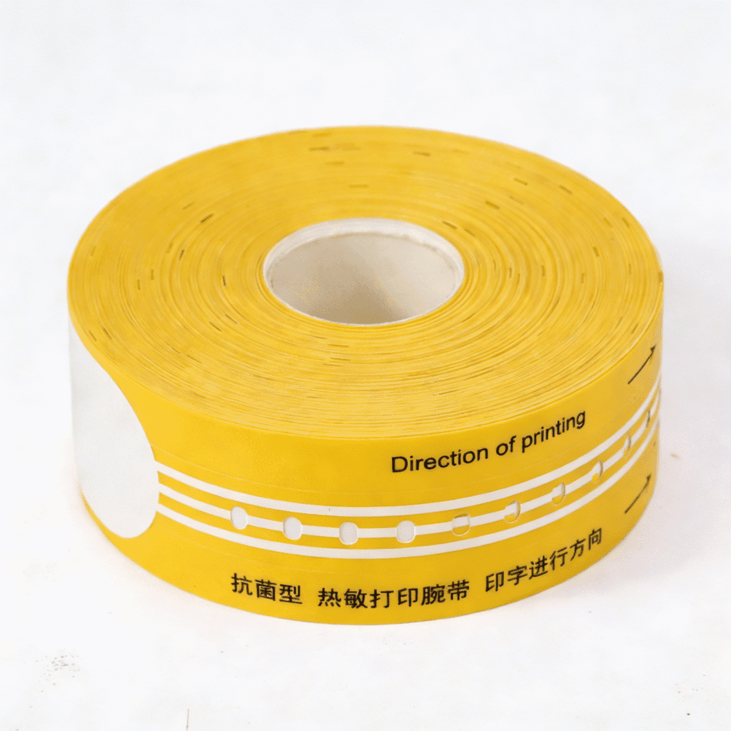 Yellow Antibacterial Thermal Wristband Roll – This high-visibility yellow disposable thermal wristband roll features an antibacterial coating, clear "Direction of printing" guides, and pre-punched perforations for easy tearing. Ideal for US and European healthcare facilities, it supports thermal printing of barcodes, QR codes, and patient details, making it perfect for identifying high-risk patients, fall-prevention protocols, or categorized care in hospitals, clinics, and emergency departments.
