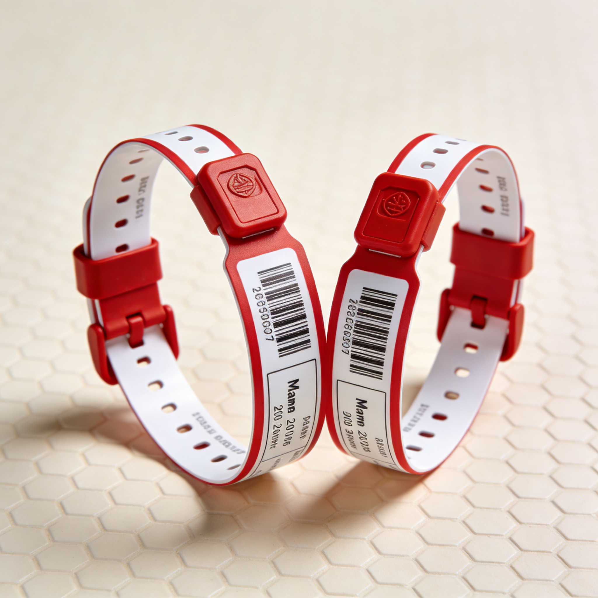 Disposable White & Red Thermal Wristbands for Patient Identification – These medical thermal wristbands feature scannable barcodes, pre-printed patient info fields (Name, Birth Details), and secure plastic buckles. Designed for hospital/clinic use in the US & European healthcare markets, these waterproof bands ensure accurate patient ID tracking.