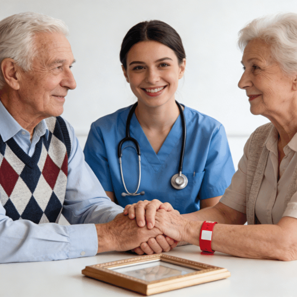 Warm senior care moment: Smiling empathetic nurse with hand-holding elderly couple—compassionate elderly healthcare support.