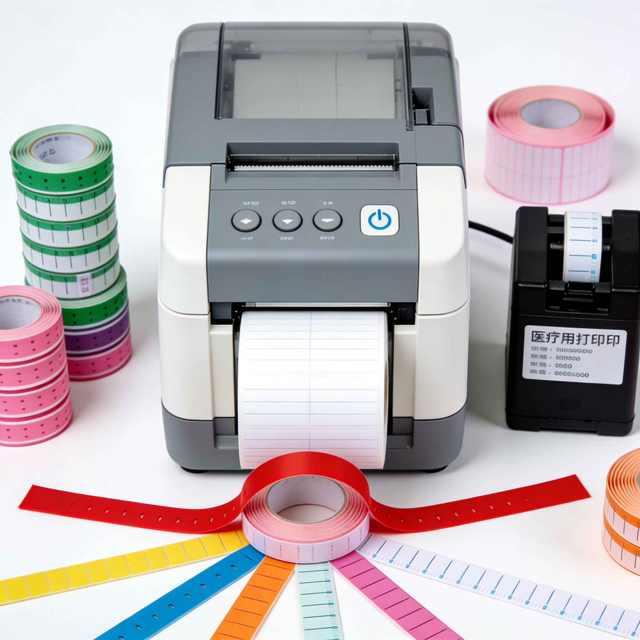 Medical Thermal Wristband Printer with Assorted Color Wristband Rolls – This compact thermal printer (paired with multi-color supply rolls) prints smudge-resistant disposable patient ID wristbands. Ideal for streamlining workflow efficiency in European & North American healthcare facilities.