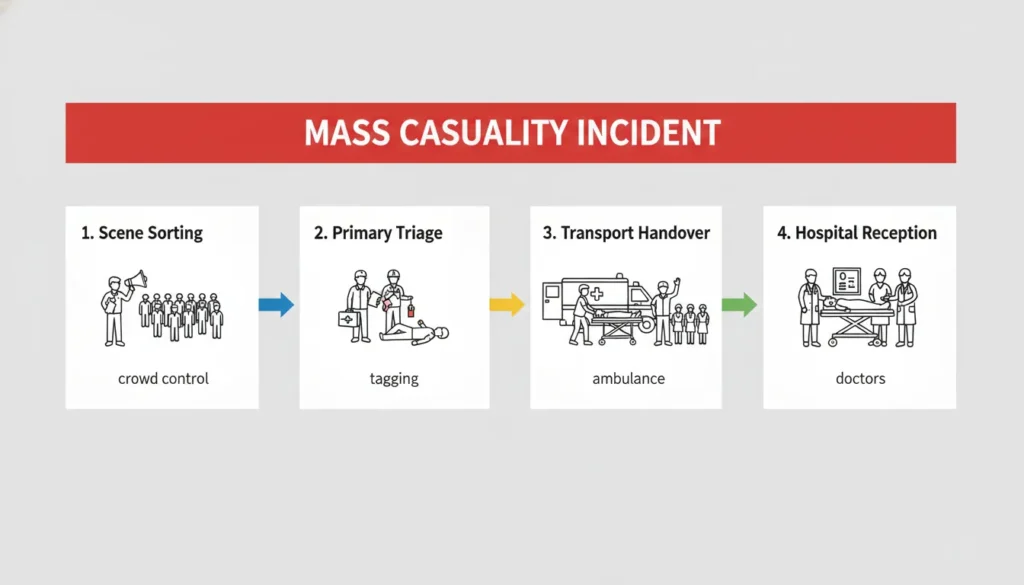 Step-by-step workflow diagram for mass casualty incident (MCI) emergency response, illustrating the four key phases: scene sorting and crowd control, primary triage and tagging, patient transport handover, and hospital reception and treatment