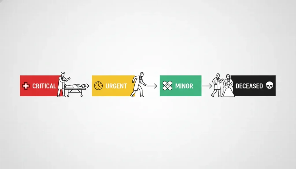 Four-level classification process chart of the START triage system, visually demonstrating the emergency patient assessment workflow from Critical, Urgent, Minor to Deceased status with corresponding medical response illustrations