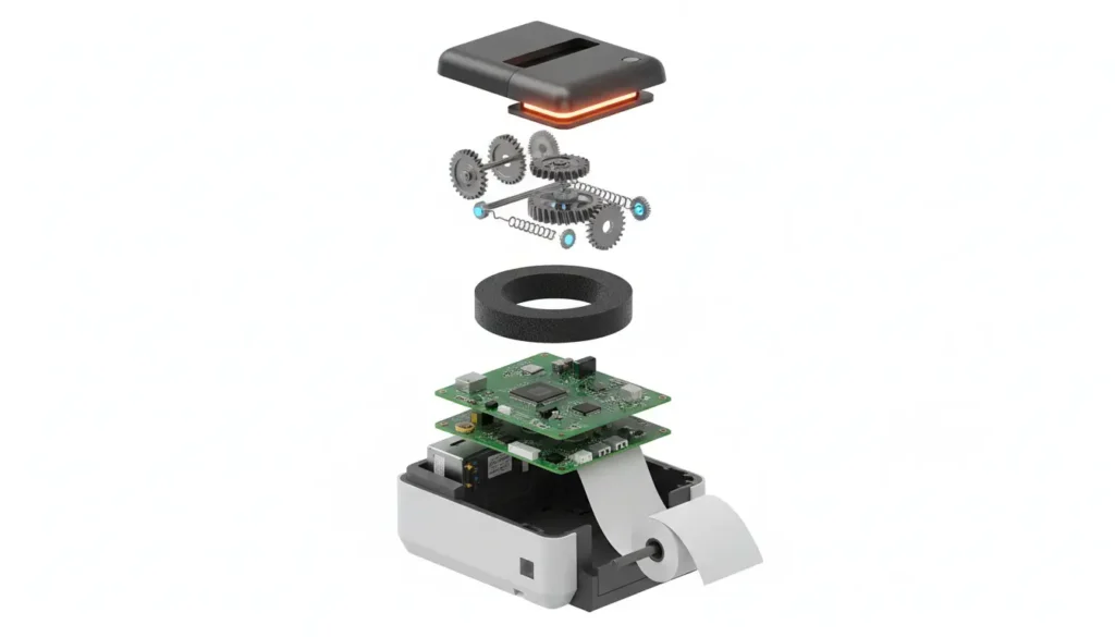 This exploded view diagram illustrates the layered structure and spatial arrangement of core components in a thermal printer, including the print head assembly, gear transmission system, main circuit board and paper feeding unit, for technical explanation and principle demonstration.