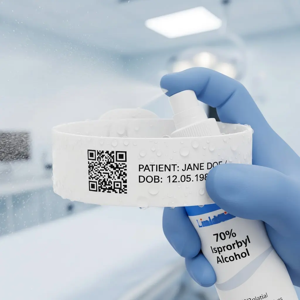 Alcohol resistant thermal wristband showing high durability against isopropyl alcohol and hospital disinfectants.