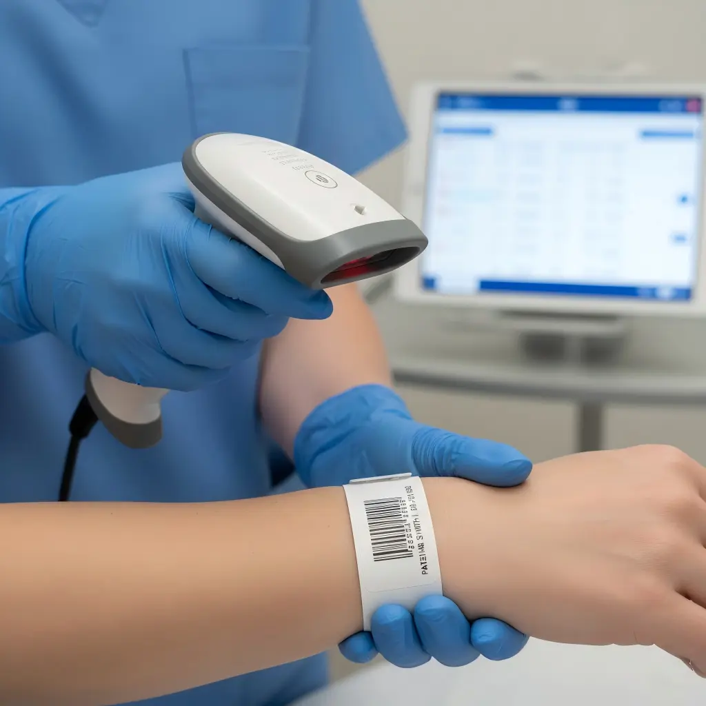 Nurse scanning an EMR compatible thermal wristband to sync patient data with hospital electronic medical record systems.