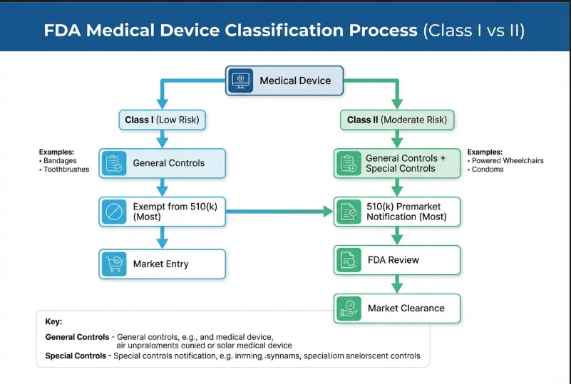 Infographic flowchart illustrating the FDA medical device classification process, comparing Class I (low-risk devices like bandages and toothbrushes) and Class II (moderate-risk devices like powered wheelchairs and condoms). Details regulatory pathways including general controls, special controls, 510(k) premarket notification requirements, and market entry/clearance steps.