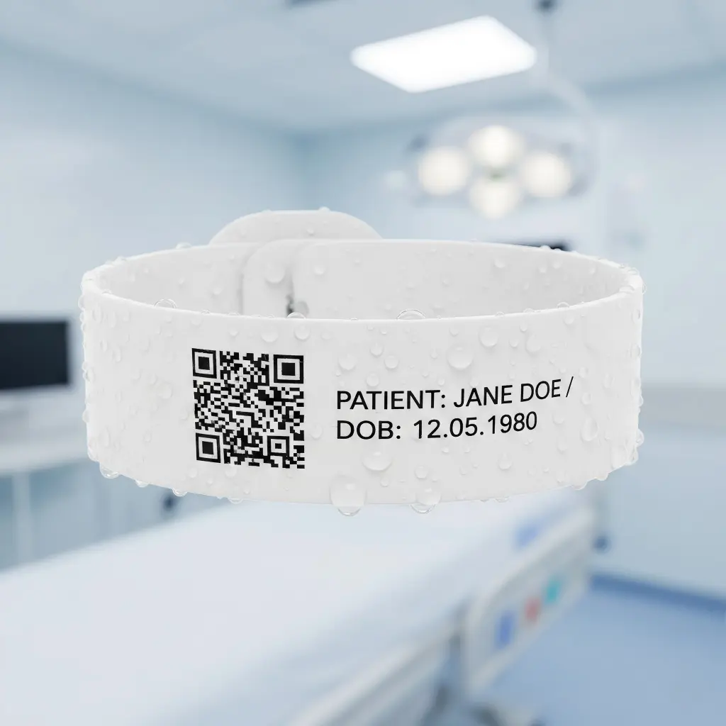 Durable thermal medical wristband with high-contrast barcode for positive patient identification and error prevention.