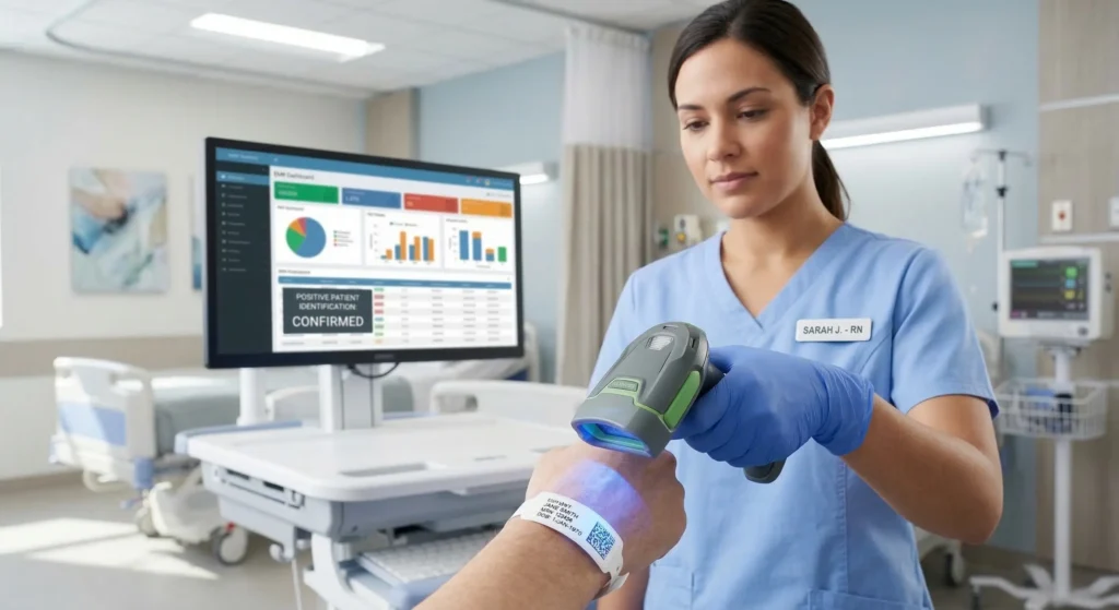 A nurse performing bedside barcode scanning on a thermal wristband to ensure positive patient identification and prevent medical errors.