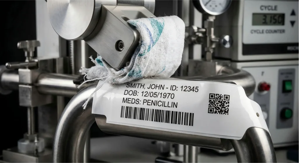 Mechanical abrasion testing of a medical wristband to simulate long-term friction against bed sheets and patient clothing.