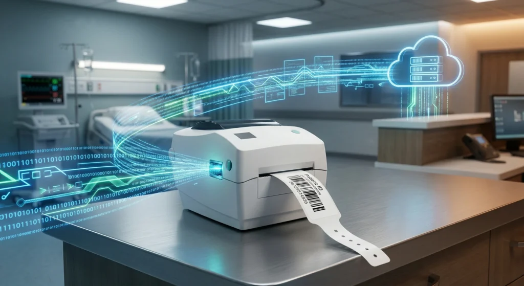 Visual conceptualization of AI data streams feeding into a thermal printer to generate high-accuracy patient identification wristbands.