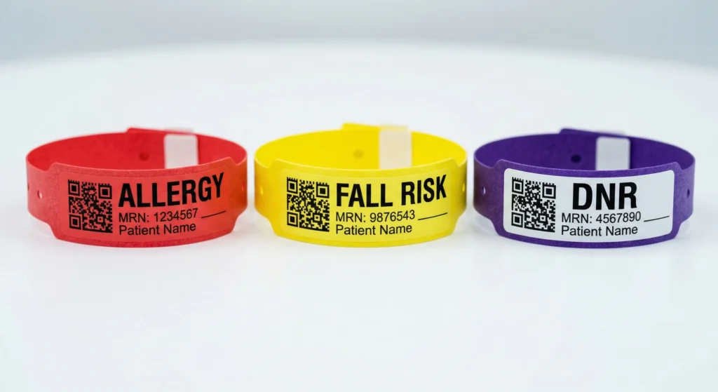 Custom color-coded medical alert wristbands showing red for allergy, yellow for fall risk, and purple for DNR to enhance patient safety.
