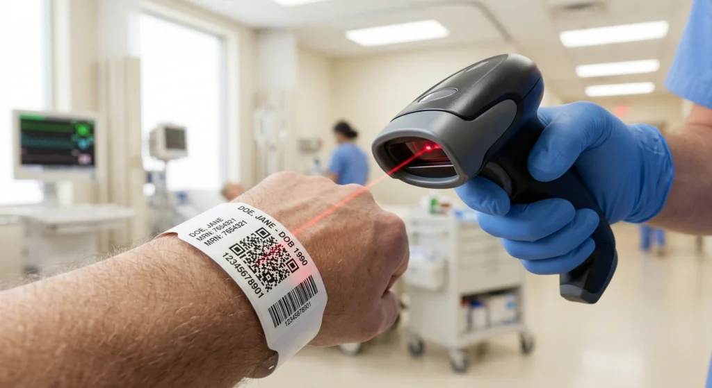 Healthcare professional performing a contactless barcode scan on a patient's thermal wristband to minimize physical contact and enhance safety in a post-pandemic setting.