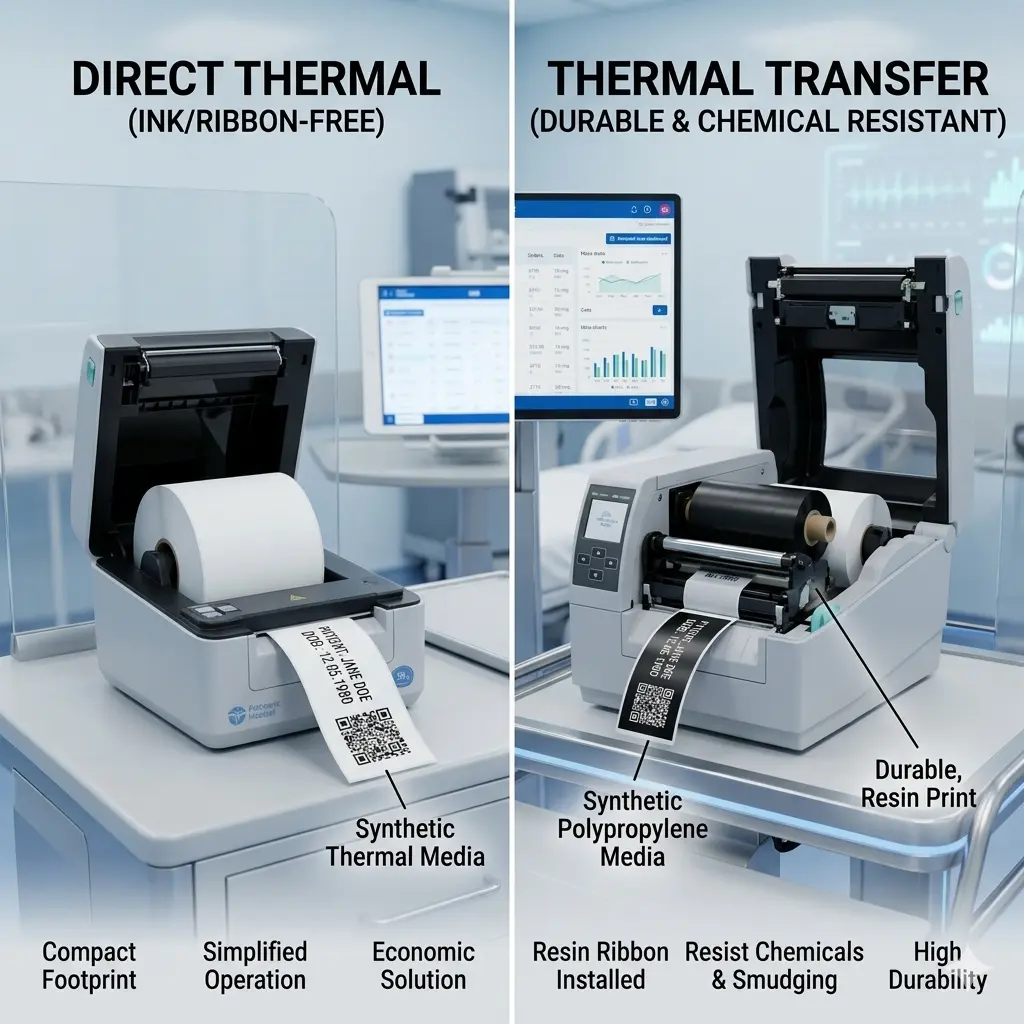 Side-by-side comparison of direct thermal and thermal transfer printing technologies for medical patient identification wristbands.
