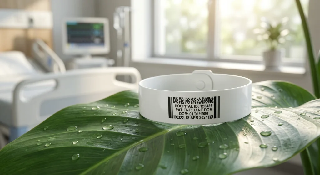 A sustainable white thermal medical wristband resting on a green leaf, representing eco-friendly patient identification solutions in modern hospitals.