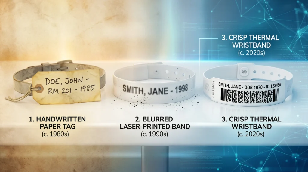 Visual history of patient identification evolution, showing the transition from legacy handwritten paper tags to modern EMR-integrated thermal wristbands.