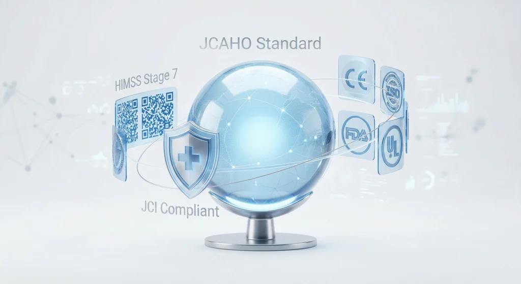 A conceptual illustration representing global standardization of medical wristbands according to HIMSS Stage 7 and JCI patient safety goals.
