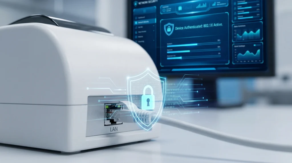 Implementation of 802.1X authentication on a medical thermal printer to ensure only authorized hardware accesses the clinical VLAN.