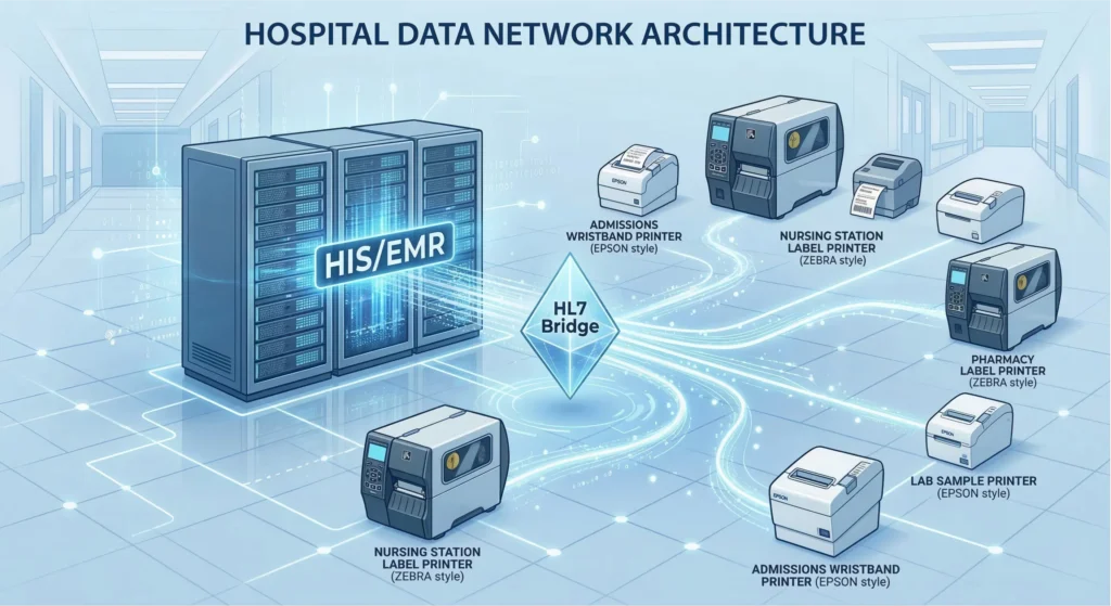 Conceptual diagram showing the technical handshake between hospital HIS/EMR systems and thermal printers using HL7 standards.