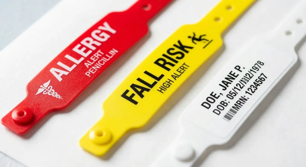 Standardized medical color-coded wristbands including red for allergy alerts and yellow for fall risk notification to ensure patient safety.