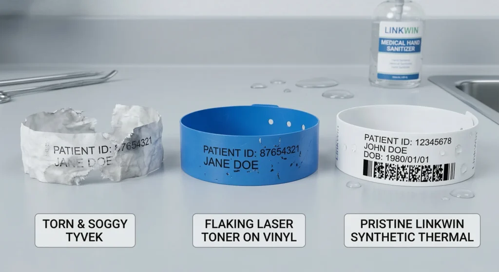 Comparison of hospital wristband materials showing why synthetic thermal bands are more durable than Tyvek and laser-printed vinyl bands.
