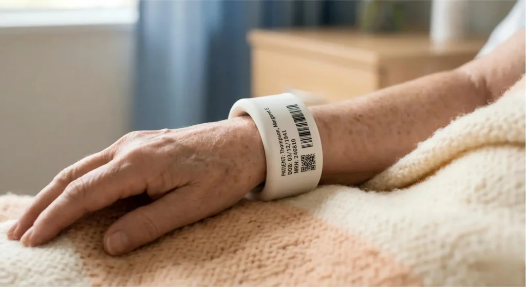 Soft-feel antimicrobial thermal wristband designed for long-term care safety and elderly patient skin integrity protection.