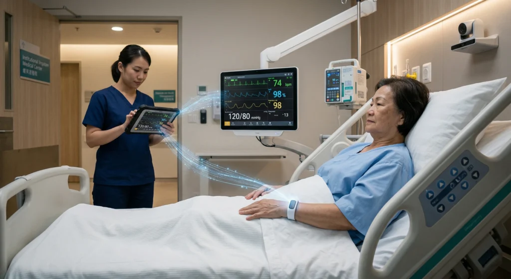 Smart medical wristband integrated into an IoT ecosystem for real-time patient monitoring and data transmission to EHR systems.