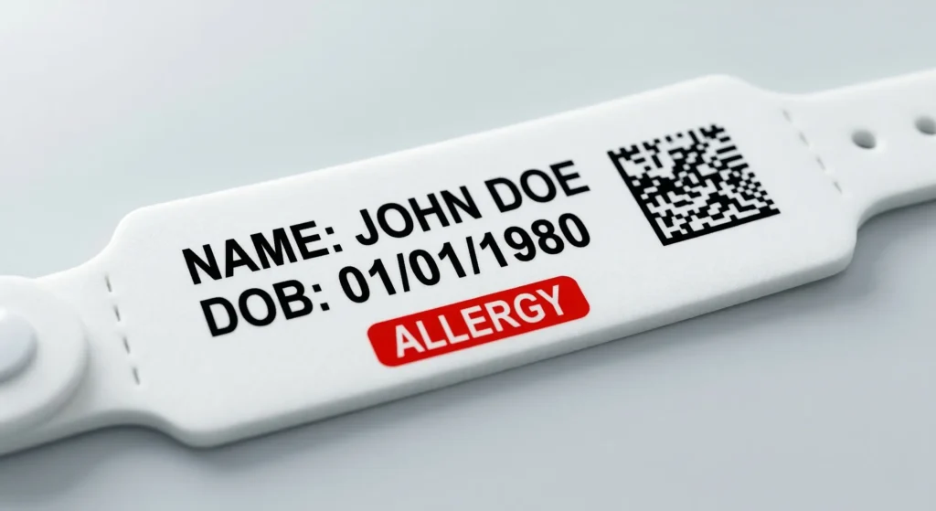 Best practice design for patient ID wristbands featuring dual identifiers, 2D barcode, and color-coded medical alerts for safety compliance.