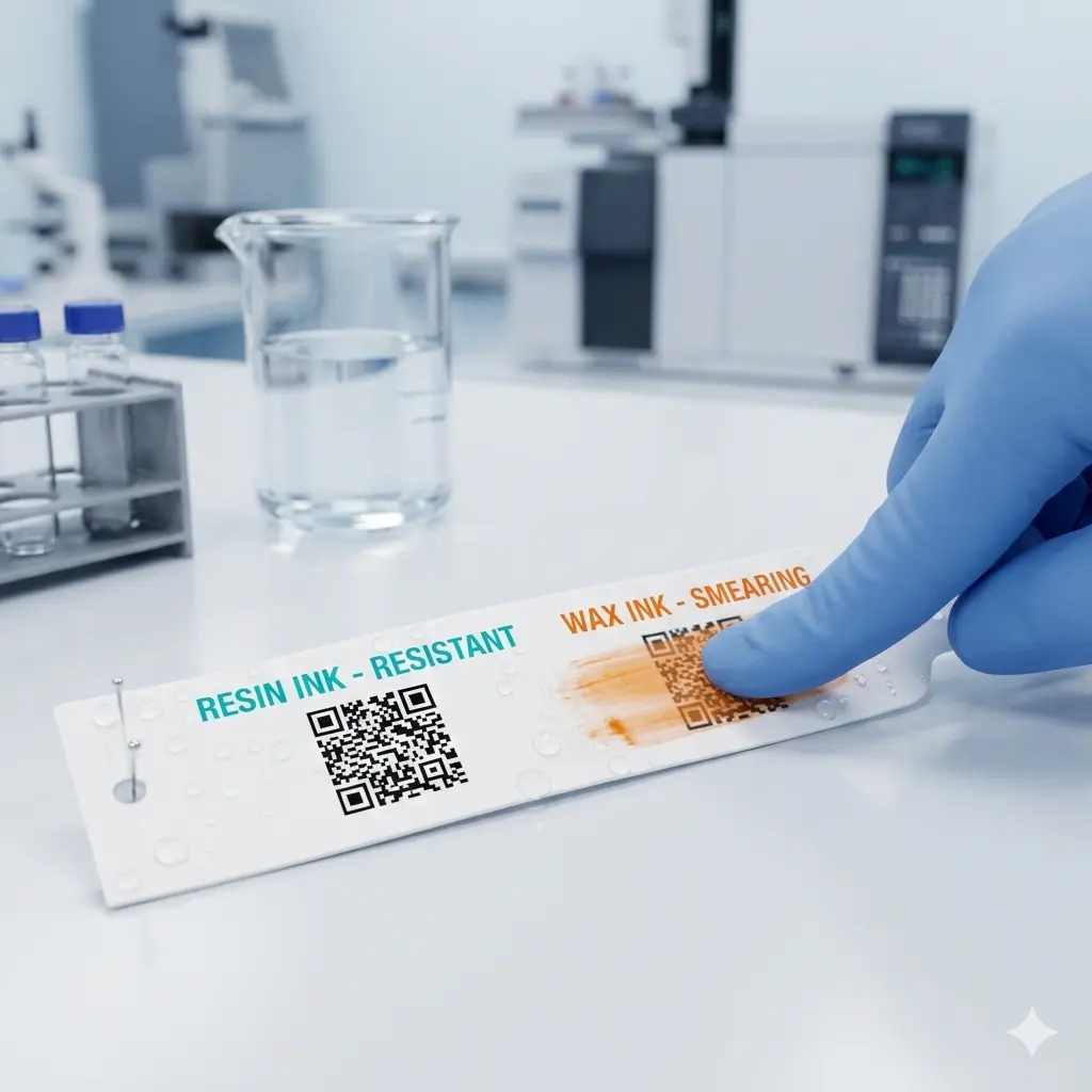 Durability test between resin and wax ribbons on synthetic wristbands showing alcohol and smudge resistance.