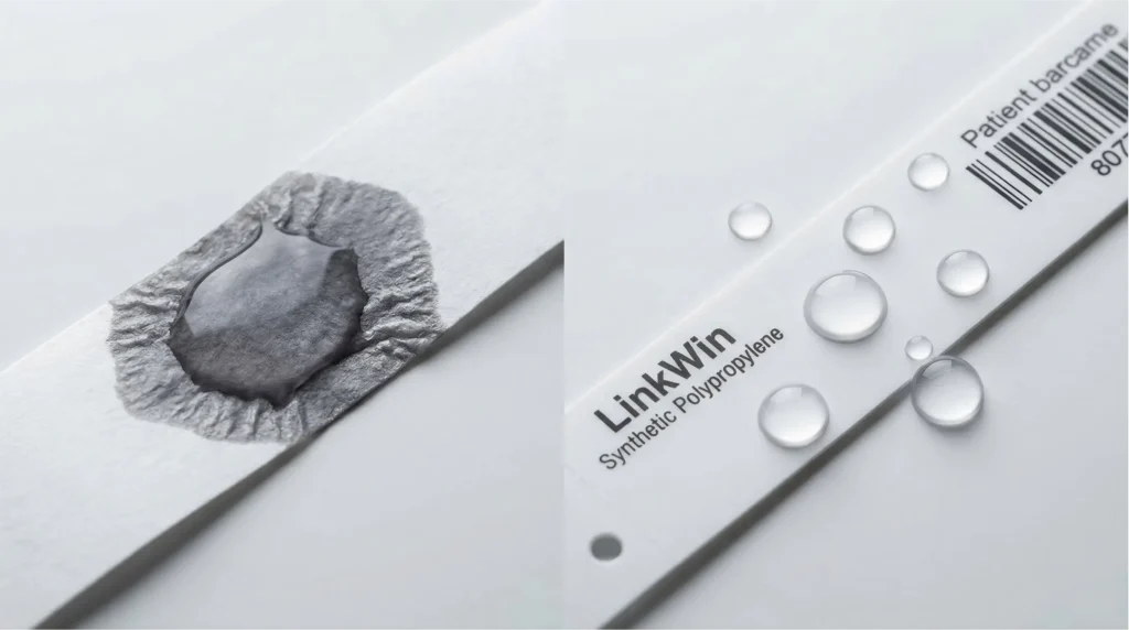 Visual comparison of water absorbency between porous paper and waterproof synthetic polypropylene thermal wristbands.
