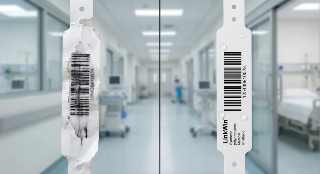 Comparison of a fragile paper medical wristband and a durable, waterproof synthetic thermal wristband for patient identification.