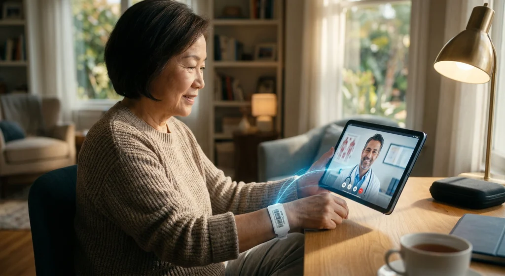 A patient using a medical wristband for remote identification and monitoring during a telemedicine consultation with a doctor.