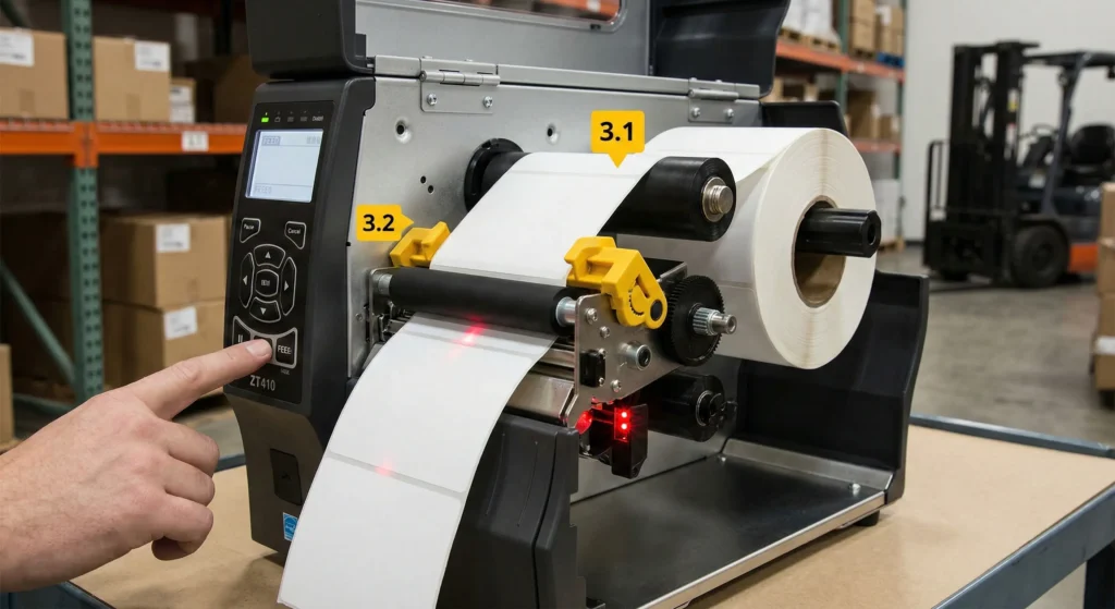 Troubleshooting a thermal printer media out error through manual sensor calibration and cleaning the transmissive sensor eye.