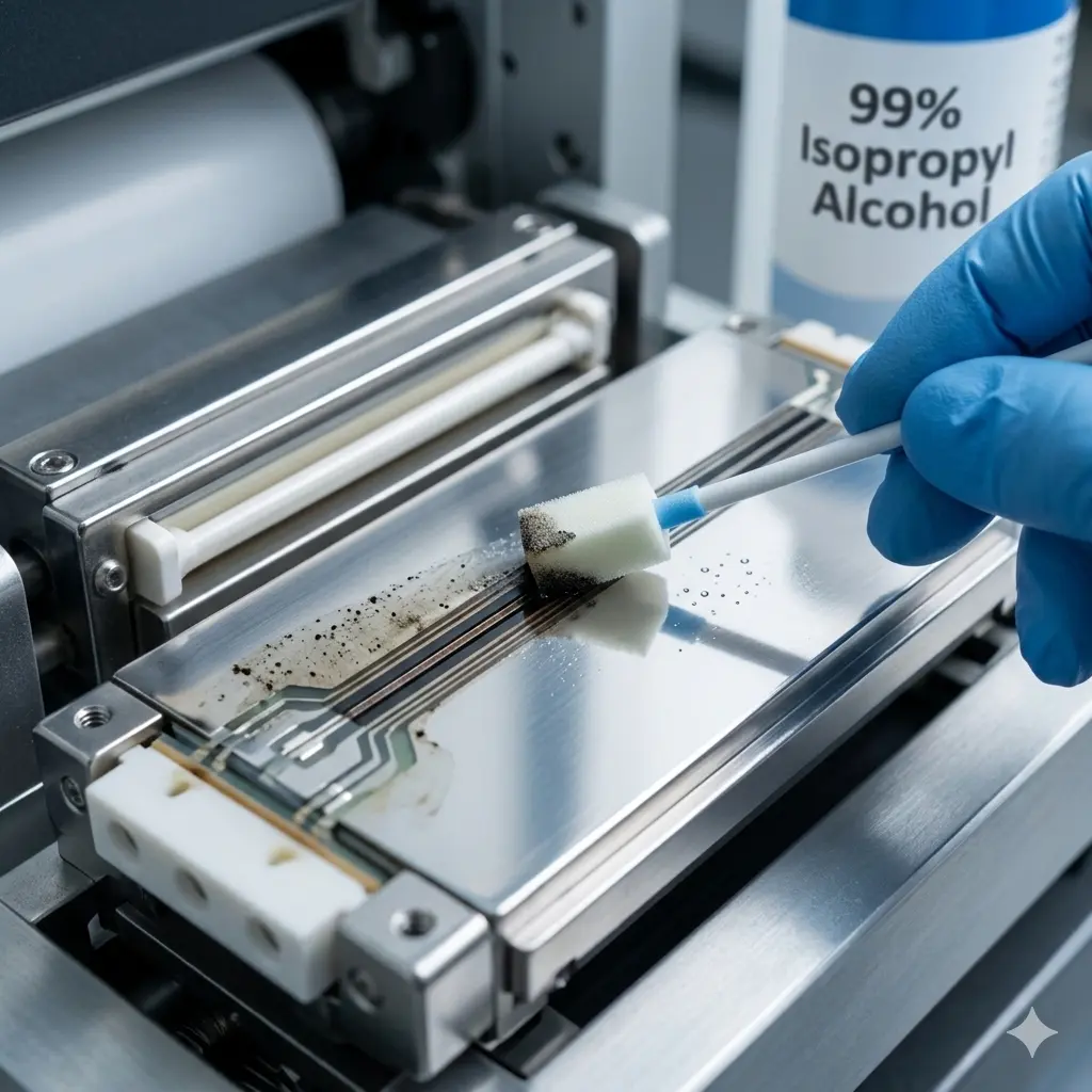 Implementing the 1:1 cleaning rule using 99% isopropyl alcohol to extend thermal printhead lifespan and prevent burnout.