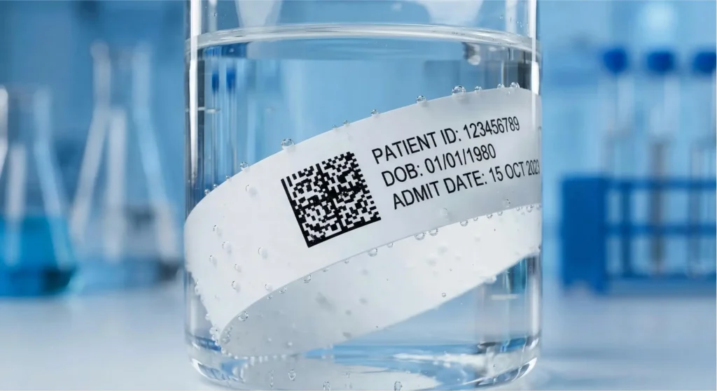 15-day water immersion stress test for synthetic thermal wristbands to ensure long-term barcode readability in hospitals.