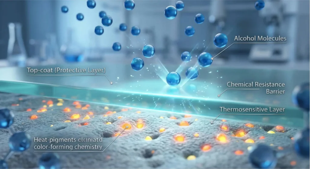 Microscopic visualization of a protective topcoat shielding the thermal layer of a wristband from isopropyl alcohol penetration.