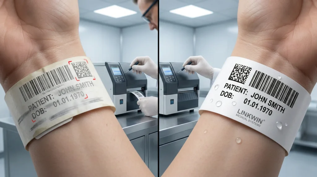 Comparison of poor vs high-quality thermal wristband printing with a focus on fixing faint barcodes and vertical lines.