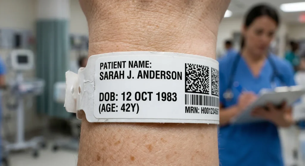 A medical thermal wristband displaying two unique patient identifiers, such as name and date of birth, for Joint Commission safety compliance.