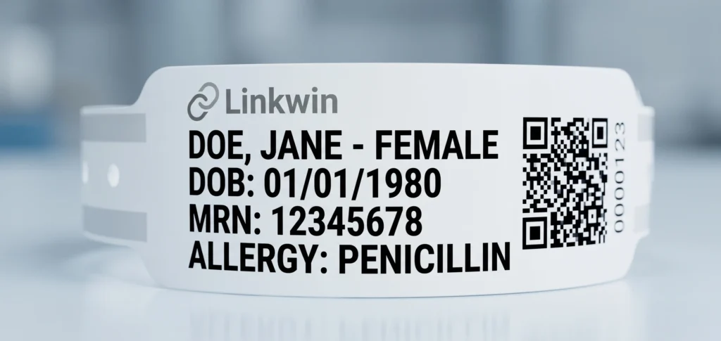 An ADA-compliant medical wristband featuring large, high-contrast print and clear typography for enhanced legibility and accessibility.
