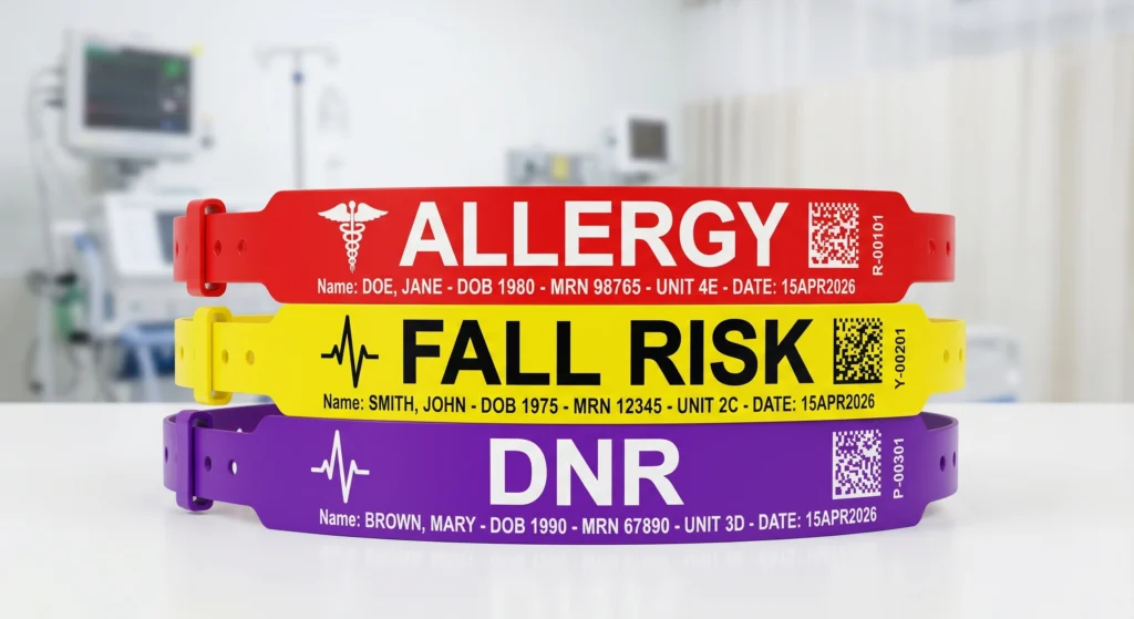 Standardized AHA color-coded medical wristbands for allergies, fall risk, and DNR, ensuring patient safety through visual alerts.
