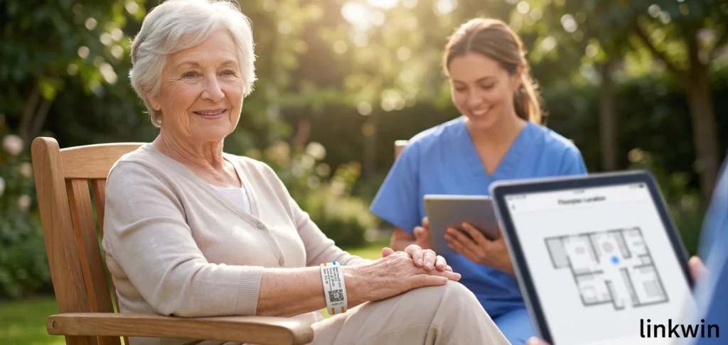 An elderly resident in a geriatric institution wearing a medical-grade real-time tracking wristband, providing safety and peace of mind.
