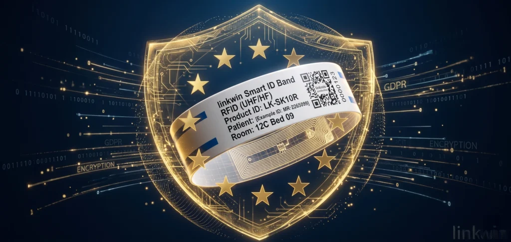 Conceptual illustration of a medical wristband protected by a digital EU GDPR shield, representing strict patient data security and privacy standards.
