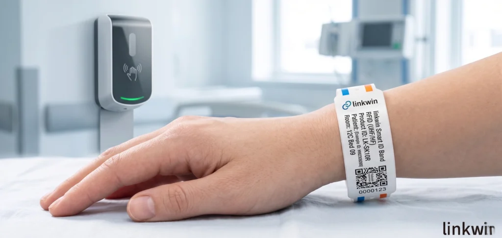 Close-up of an antimicrobial-coated patient identification wristband with a non-porous surface to prevent bacterial growth.
