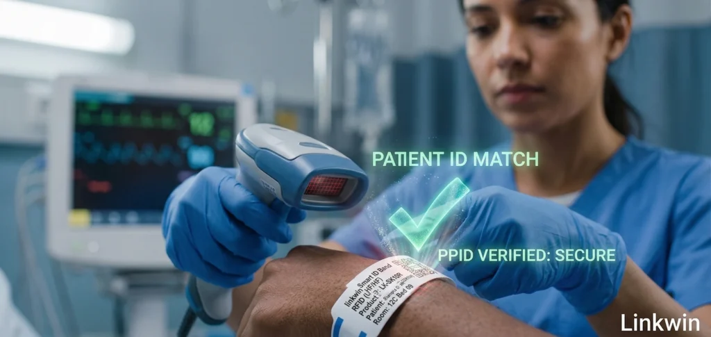 A nurse performing a bedside patient identity check using a thermal wristband and a barcode scanner, ensuring error-free medication and treatment.