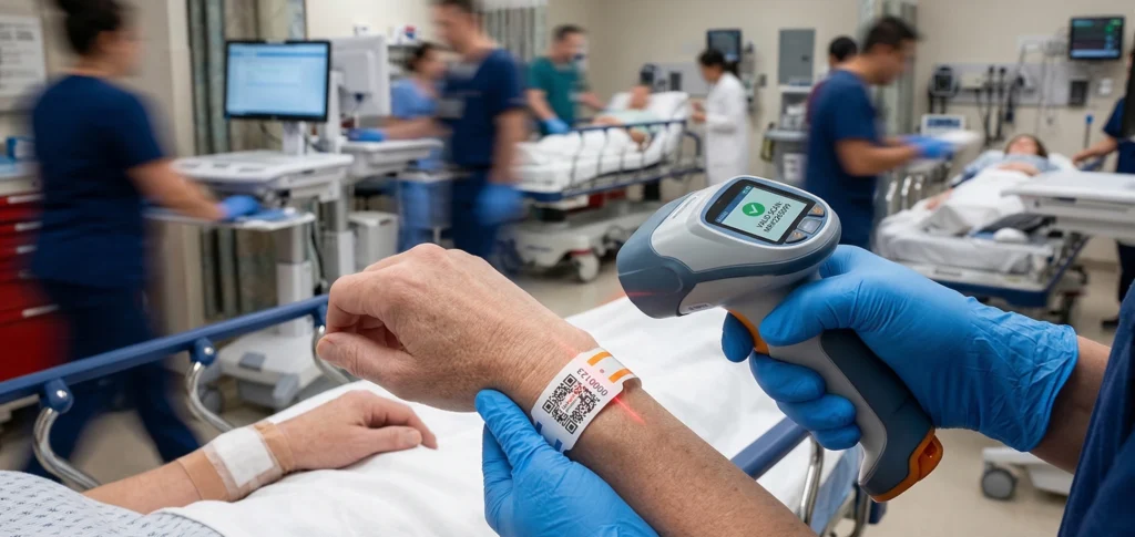 Urgent patient identification in an emergency room triage area, showing a nurse rapidly scanning a barcode on a durable thermal wristband during patient intake.