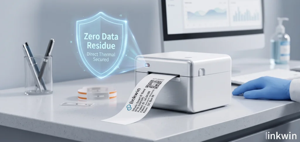 Secure direct thermal wristband printer that eliminates carbon ribbon waste, ensuring zero patient data residue for GDPR compliance.
