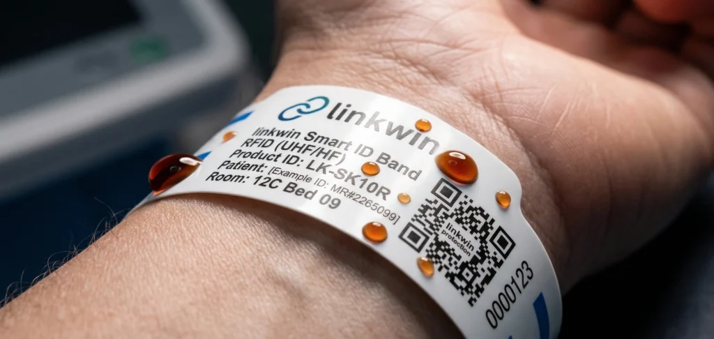 Fluid-resistant surgical wristband maintaining barcode integrity despite exposure to Betadine and clinical fluids during procedures.